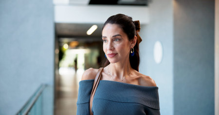Ideas, thinking or business woman in lobby for finance solution, career insight or vision....