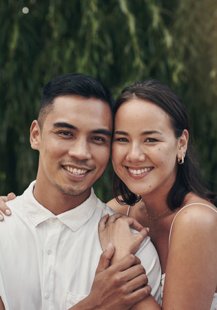 Happy couple, park or portrait for love on holiday with support, care or smile in marriage or...