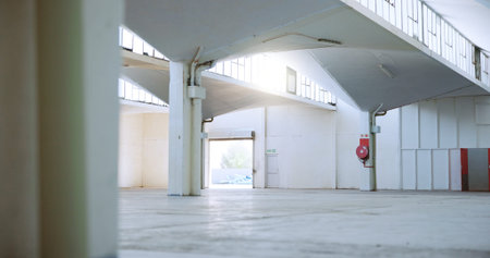 Building, industrial architecture and empty space with interior design for shelter or structure....