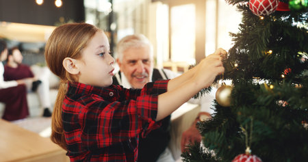 Christmas, grandpa or child with tree ornament for festive decoration, tradition or christian home. Hang, ball or girl in house with elderly person, kid or senior man for holiday, trinket or loveの写真素材