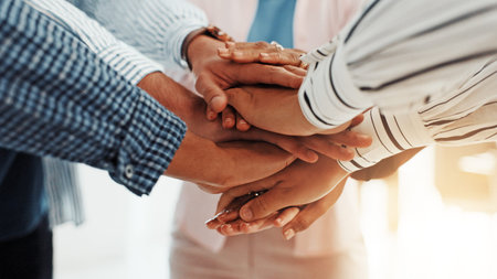 Stack of hands, solidarity and business people in office with teamwork, support or unity. Trust,...