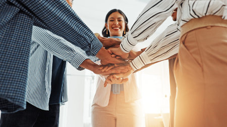 Stack of hands, unity and business people in office with teamwork, support or collaboration. Trust,...
