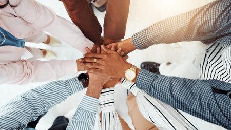 Stack of hands, teamwork and business people in office with support, collaboration or unity. Trust,...