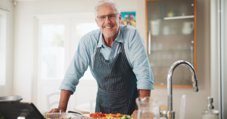 Cooking, kitchen and mature man with portrait, nutrition and confidence at counter in house. Diet, wellness and home chef with healthy recipe, meal prep and dinner with culinary hobby in apartmentの写真素材