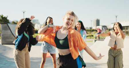Happy, dance circle and girl friends in city with music for hip hop, fashion or talent with...