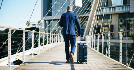 Back view, businessman and travel with suitcase in city for corporate trip or journey on bridge. Man, traveler or walking with luggage for urban business, new career or job opportunity downtownの写真素材