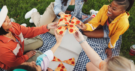 Pizza, above or friends in park for toast with fast food, lunch meal and holiday in nature. Smile, cheers or excited people in garden on vacation for outdoor picnic, feast or bite of takeawayの写真素材