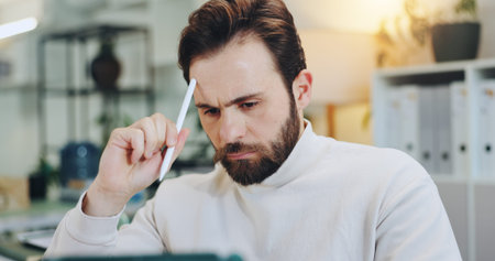 Research, stylus and tablet with business man in office for planning, thinking and schedule appointment. Application solution, problem solving and reflection with person in agency for report insightの写真素材