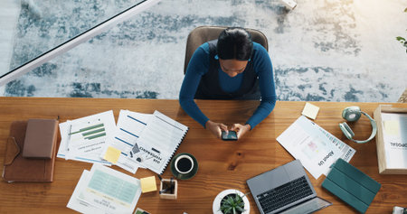 Above, woman or phone in office for social media marketing, research, engagement or trends....