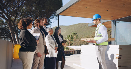Architect, business people and meeting at construction site, talk and investor group in property...