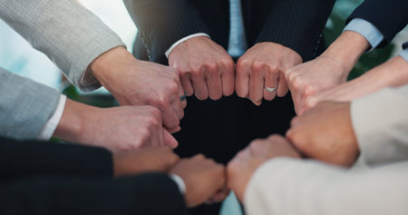 Fist bump, circle and hands of business people in office for solidarity, unity or partnership....