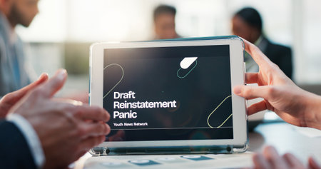 Business people, hands and meeting with tablet screen for project, draft or company reinstatement. Closeup, employees or group with technology display for corporate proposal or briefing in workplaceの写真素材