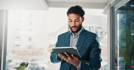 Businessman, research and office with tablet for company report, finance or information. Man,...