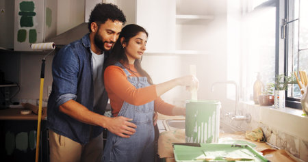 Diy, hug and painting with couple in kitchen of apartment together for home improvement or...