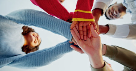 Below, people and hands stack outdoor for support, travel agreement and group solidarity. Smile,...