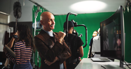 Man, movie director or watching scene in studio with cameraman for action, playback or recording. Male person, producer or manager with production crew for preview, film making or green screen in setの写真素材