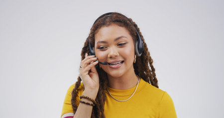 Microphone, call center and talking with woman in studio for college help desk, contact us and...