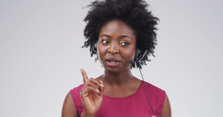 Black woman, call center agent and problem solving in studio for help, customer service or space....
