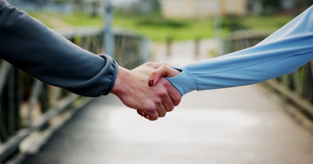 Fitness, exercise or friends with handshake on bridge for running challenge, cardio success or...