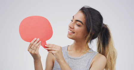 Speech bubble, mockup space and woman in studio for announcement, opinion or voice for social media....