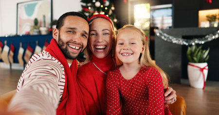 Christmas, happy and selfie of family in living room of home together for celebration or memories....