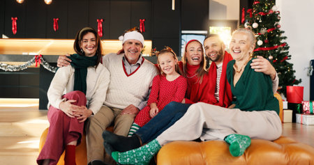 Portrait, smile and family in home for christmas memory, celebration or relaxing together. Happy,...
