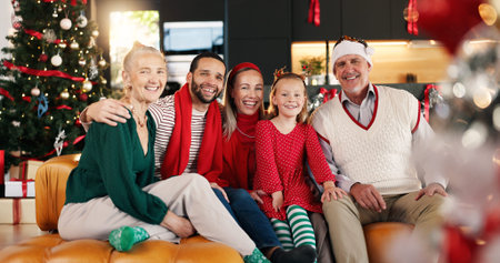 Portrait, happy and family in home for Christmas memory, celebration or relaxing together. Smile,...