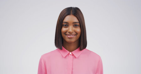 Smile, pride and portrait of woman in studio with positive attitude for creative career. Happy,...