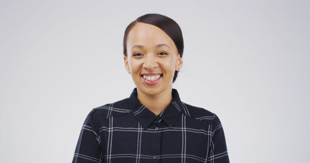 Portrait, happy and creative woman in studio of career pride, about us and journalist ambition....