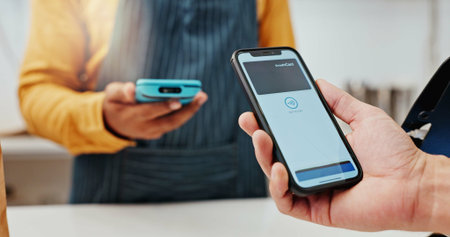 Person, smartphone and nfc to pay in coffee shop for food or beverage, ecommerce and digital...