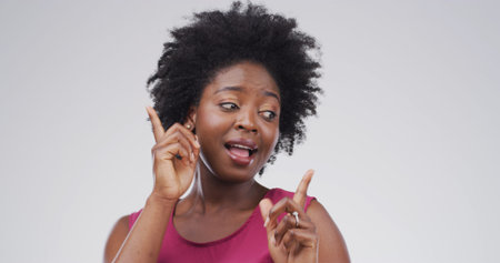 Dance, face and hand gesture with black woman on studio space for energy, excitement or having fun....
