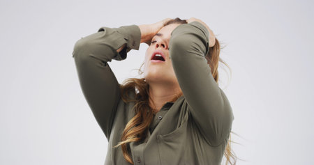 Mistake, reaction and regret with woman on studio space for crisis, exam fail or test error. Bad...