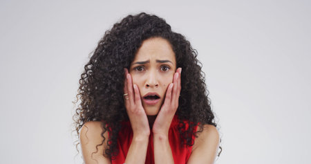 Portrait, woman and shocked expression in studio for gossip reaction, bad news and fake rumor....