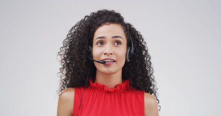 Woman, call center agent and think in studio for customer service, multilingual support and space....
