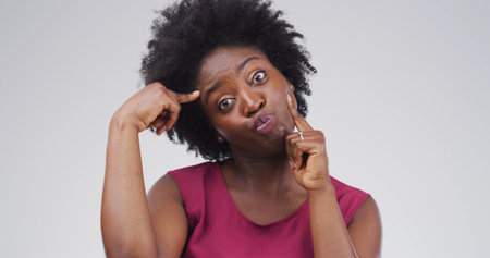 Portrait, funny face and woman with humor, comic or facial expression for comedy, playful or studio....