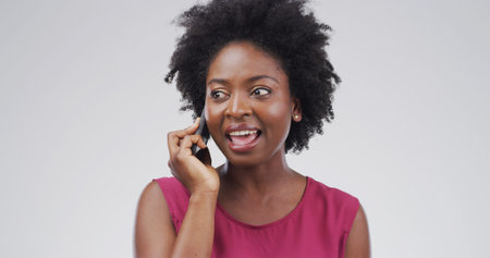 Black woman, talking and phone call in studio for communication, contact or chat on white...