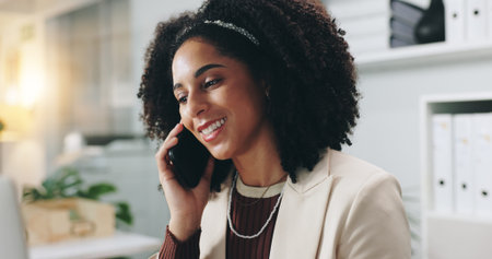Smile, business woman and phone call in office for financial deal, offer or communication. African...