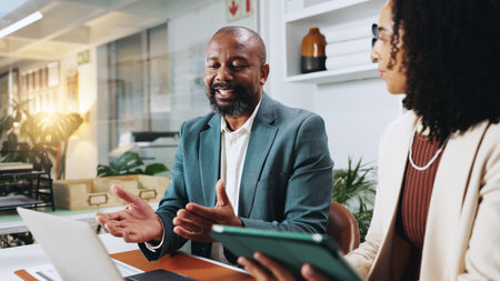 Tablet, teamwork and laptop with business people in office for planning, account manager or research. Digital review, collaboration and client application with employees in financial firm for reportの写真素材