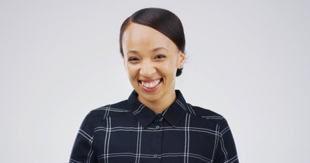 Smile, creative and portrait of business woman in studio for interior designer, project progress and pride. Startup, opportunity and professional with person on white background space for confidenceの写真素材