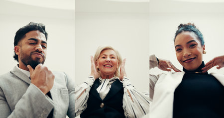 Portrait, people and series with different poses for comedy, goofy expression and playful fun, Below, employees and pov for diversity, silly reaction and humor collection of positive attitude at workの写真素材