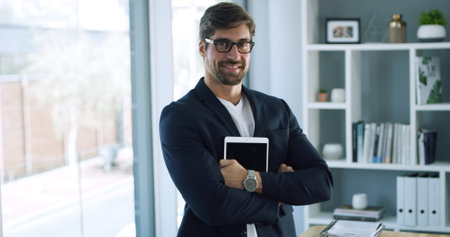 Tablet, smile and portrait of business man in office for investment firm, stock market research and review. Digital report, portfolio manager and project with person in agency for finance and prideの写真素材