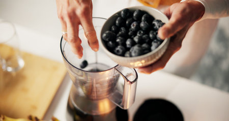 Person, hands or blender with blueberries or fruit ingredients for smoothie or healthy diet in home....