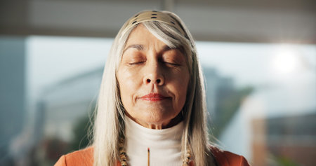 Home, woman and smell aroma of incense stick for peaceful atmosphere, meditation and aromatherapy....