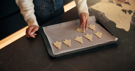 Christmas, hands or child baking with tray in kitchen for festive tradition, recipe or food....