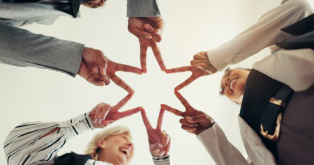 Star fingers, circle and business people with team motivation, low angle or smile for goals, symbol...