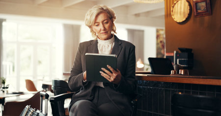 Travel, tablet and business woman in airport lounge for conference, research and email confirmation. Online booking, seminar schedule and flight plan with mature person for information on reservationの写真素材