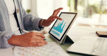 Hands, person and graph on tablet screen at house of accounting, finance report and profit growth....
