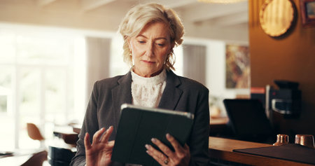 Search, tablet and business woman in airport lounge for conference, check in and email confirmation....