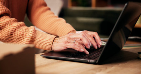 Woman, hands and typing on laptop for network, remote work or website update for small business....
