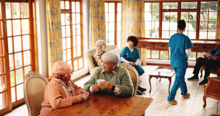 Nursing home, bonding and old women with coffee, discussion or friends in morning with hot beverage....